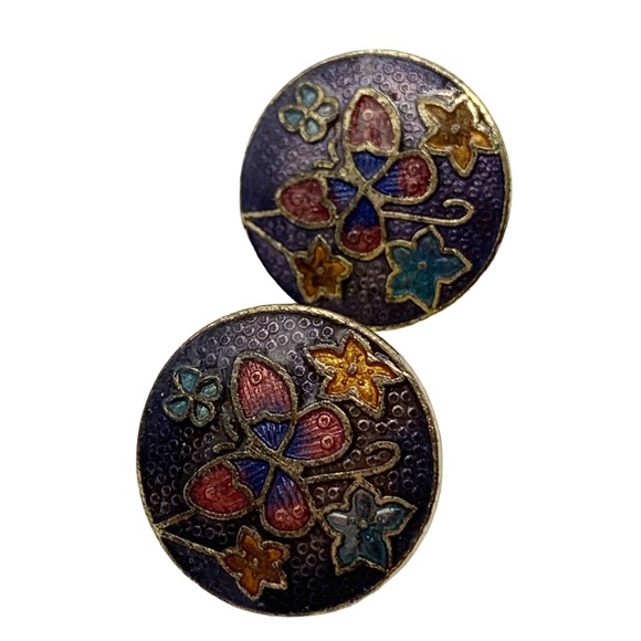 Vintage champleve enamel butterfly clip on earrings - Picture 1 of 9